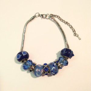 Charm Bracelet Navy Blue Polka Dots Glass Metal Lined Beads